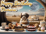 Happy Birthday Dominic GIF: Animated birthday gif with a dog at a fancy birthday table loaded with cakes as hearts appear. It reads Happy Birthday Customize.