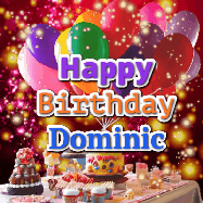 Happy Birthday Dominic GIF: Animated happy birthday gif on a bright red glittery background and 3 lines of text reading Happy Birthday Customize