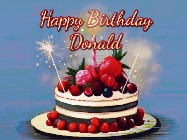 Happy Birthday Donald GIF: Animated GIF of a birthday cake covered in berries with 2 sparklers and a candle, reads Happy Birthday Name. Customize it.