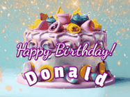 Happy Birthday Donald GIF: A beautiful birthday cake gif with animated sparkles and glitter Happy Birthday Name you can customize
