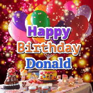 Happy Birthday Donald GIF: Animated happy birthday gif on a bright red glittery background and 3 lines of text reading Happy Birthday Customize
