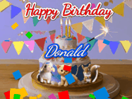 Happy Birthday Donald GIF: Happy Birthday Cake GIF with a cat, lamb, and squirrel on the cake with flickering candles, a sparkler, and falling confetti. Reads Happy Birthday Name and you can customize the name