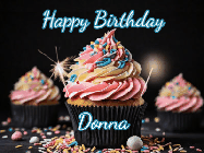 Happy Birthday Donna GIF: A delicious cupcake gif with animated sparkles reading Happy Birthday with a name to customize