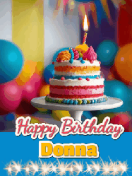 Happy Birthday Donna GIF: A birthday card gif with a cake and candle and a blue ribbon with animated sparklers. Reads Happy Birthday Name