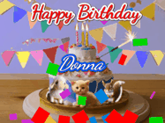 Happy Birthday Donna GIF: Happy Birthday Cake GIF with a cat, lamb, and squirrel on the cake with flickering candles, a sparkler, and falling confetti. Reads Happy Birthday Name and you can customize the name