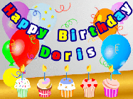 Happy Birthday Doris GIF: Animated happy birthday gif with a party balloon background, a row of cupcakes, and birthday banner to customize.