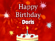 Happy Birthday Doris GIF: A bright red happy birthday gif animated with a cake candle, and glitter and sparkles. Customize with name.