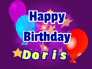 Happy Birthday Doris GIF: A lovely purple birthday gif animated with moving text, a balloon, and bubbles. Customize it.