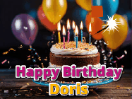 Happy Birthday Doris GIF: A birthday cake with flickering candles gif with text reading Happy Birthday and a Name slot to customize