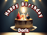 Happy Birthday Doris GIF: Animated happy birthday gif with a cake and flickering candles with colorful falling confetti and text reading Happy Birthday