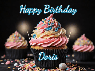 Happy Birthday Doris GIF: A delicious cupcake gif with animated sparkles reading Happy Birthday with a name to customize