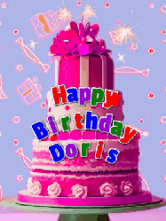 Happy Birthday Doris GIF: A big beautiful birthday cake gif with falling confetti, sparklers, and balloons, reads Happy Birthday Name. Customize it.