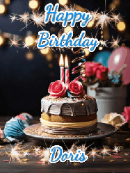 Happy Birthday Doris GIF: Sparkles and glitter happy birthday gif with a cake and flickering candles and sparklers behind the words happy birthday customize