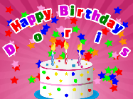 Happy Birthday Doris GIF: Pink animated happy birthday card with a cake, falling hearts, and a name and banner you can personalize.
