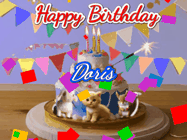 Happy Birthday Doris GIF: Happy Birthday Cake GIF with a cat, lamb, and squirrel on the cake with flickering candles, a sparkler, and falling confetti. Reads Happy Birthday Name and you can customize the name
