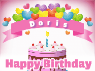 Happy Birthday Doris GIF: Happy birthday animated gif with animated doodles, pink text, and with a name you can customize.
