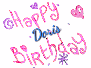 Happy Birthday Doris GIF: A birthday animated gif with a party room in the background and cute balloons, cake, and name to customize.
