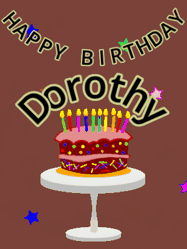 Happy Birthday Dorothy GIF: Animated birthday gif of a chocolate cartoon cake and stars. Animated text can be customized with name.