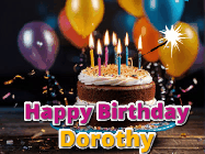Happy Birthday Dorothy GIF: A birthday cake with flickering candles gif with text reading Happy Birthday and a Name slot to customize