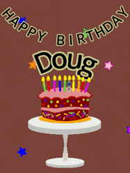 Happy Birthday Doug GIF: Animated birthday gif of a chocolate cartoon cake and stars. Animated text can be customized with name.