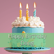 Happy Birthday Doug GIF: Sparkles fly over a birthday cake that has 3 flickering candles, text in a colored band read Happy Birthday Name.