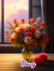 Happy Birthday Doug GIF: A vase of flowers and animated hearts pop in and out as the words Happy Birthday Name appears that you can customize