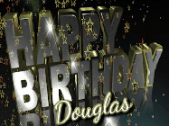 Happy Birthday Douglas GIF: Birthday celebration animated gif with a silvery gold design, falling star confetti, and a name you can customize.