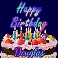 Happy Birthday Douglas GIF: A dark blue birthday gif with a beautiful cake with flickering candles, background sparkles and a name to customize.