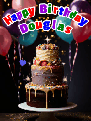 Happy Birthday Douglas GIF: Beautiful birthday cake animated gif, a celebration of balloons, confetti, and sparklers. Customize banner and name.