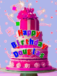 Happy Birthday Douglas GIF: A big beautiful birthday cake gif with falling confetti, sparklers, and balloons, reads Happy Birthday Name. Customize it.