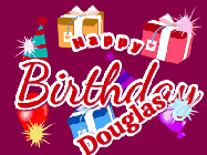 Happy Birthday Douglas GIF: Happy birthday gif with banner and name to customize, red, balloons, sparkles, and party hats.