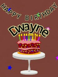 Happy Birthday Dwayne GIF: Animated birthday gif of a chocolate cartoon cake and stars. Animated text can be customized with name.