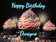 Happy Birthday Dwayne GIF: A delicious cupcake gif with animated sparkles reading Happy Birthday with a name to customize