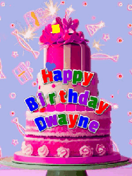 Happy Birthday Dwayne GIF: A big beautiful birthday cake gif with falling confetti, sparklers, and balloons, reads Happy Birthday Name. Customize it.