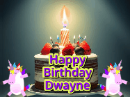 Happy Birthday Dwayne GIF: An animated gif with 2 unicorns and a birthday candle on a cake.