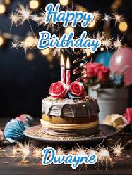 Happy Birthday Dwayne GIF: Sparkles and glitter happy birthday gif with a cake and flickering candles and sparklers behind the words happy birthday customize