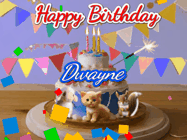 Happy Birthday Dwayne GIF: Happy Birthday Cake GIF with a cat, lamb, and squirrel on the cake with flickering candles, a sparkler, and falling confetti. Reads Happy Birthday Name and you can customize the name