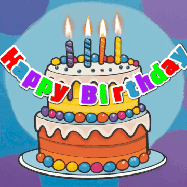 Happy Birthday Dylan GIF: Festive birthday cake GIF with name, stars, hearts, and confetti streaking past and flickering candles.