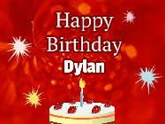 Happy Birthday Dylan GIF: A bright red happy birthday gif animated with a cake candle, and glitter and sparkles. Customize with name.