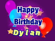 Happy Birthday Dylan GIF: A lovely purple birthday gif animated with moving text, a balloon, and bubbles. Customize it.