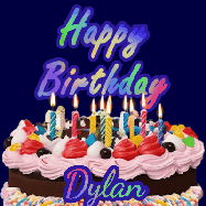 Happy Birthday Dylan GIF: A dark blue birthday gif with a beautiful cake with flickering candles, background sparkles and a name to customize.