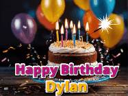 Happy Birthday Dylan GIF: A birthday cake with flickering candles gif with text reading Happy Birthday and a Name slot to customize