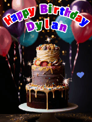 Happy Birthday Dylan GIF: Beautiful birthday cake animated gif, a celebration of balloons, confetti, and sparklers. Customize banner and name.