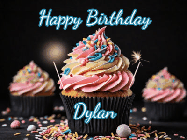 Happy Birthday Dylan GIF: A delicious cupcake gif with animated sparkles reading Happy Birthday with a name to customize