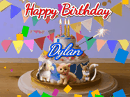 Happy Birthday Dylan GIF: Happy Birthday Cake GIF with a cat, lamb, and squirrel on the cake with flickering candles, a sparkler, and falling confetti. Reads Happy Birthday Name and you can customize the name