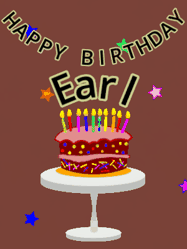 Happy Birthday Earl GIF: Animated birthday gif of a chocolate cartoon cake and stars. Animated text can be customized with name.