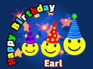 Happy Birthday Earl GIF: 3 emojis wearing party hats are happy for a birthday name you can customize on this blue animated happy birthday gif.