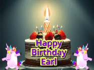 Happy Birthday Earl GIF: An animated gif with 2 unicorns and a birthday candle on a cake.