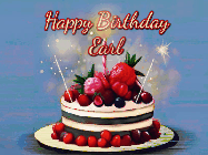 Happy Birthday Earl GIF: Animated GIF of a birthday cake covered in berries with 2 sparklers and a candle, reads Happy Birthday Name. Customize it.