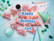 Happy Birthday Earl GIF: Animated birthday gif that can be customized with name showing flowing confetti over a birthday party place setting.